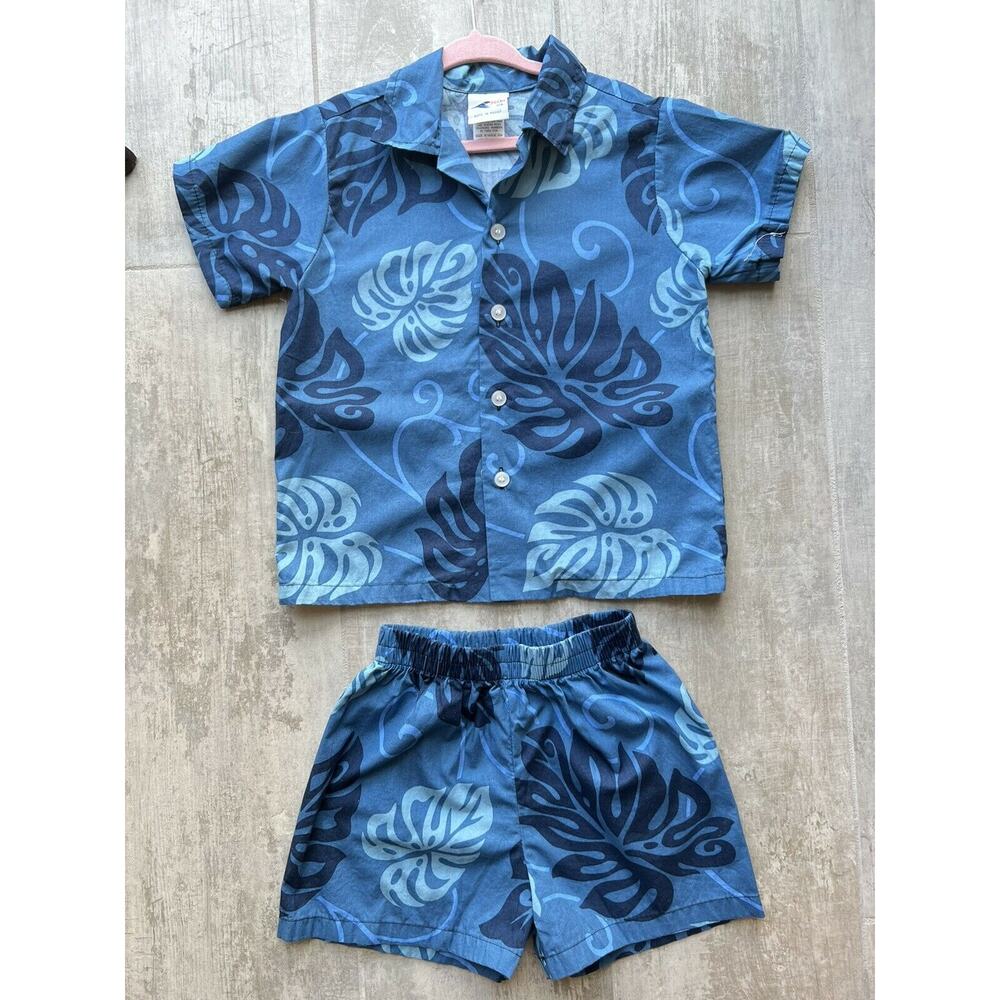 NUI NALU Boys Hawaiian Button Front Cotton Shirt Shorts Outfit Set Blue 5 ULN